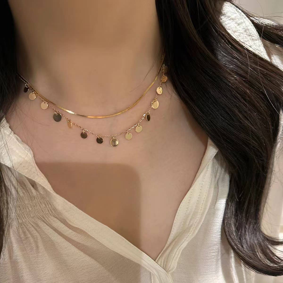 STAINLESS STEEL TARNISH FREE DISC LAYER NECKLACE